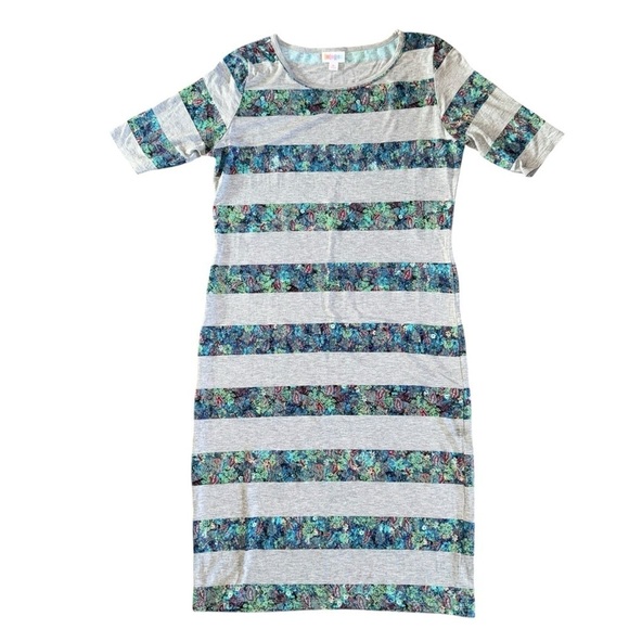 LuLaRoe Women’s Medium Gray/Green Julia Fitted MIDI-Dress EUC - Picture 2 of 5